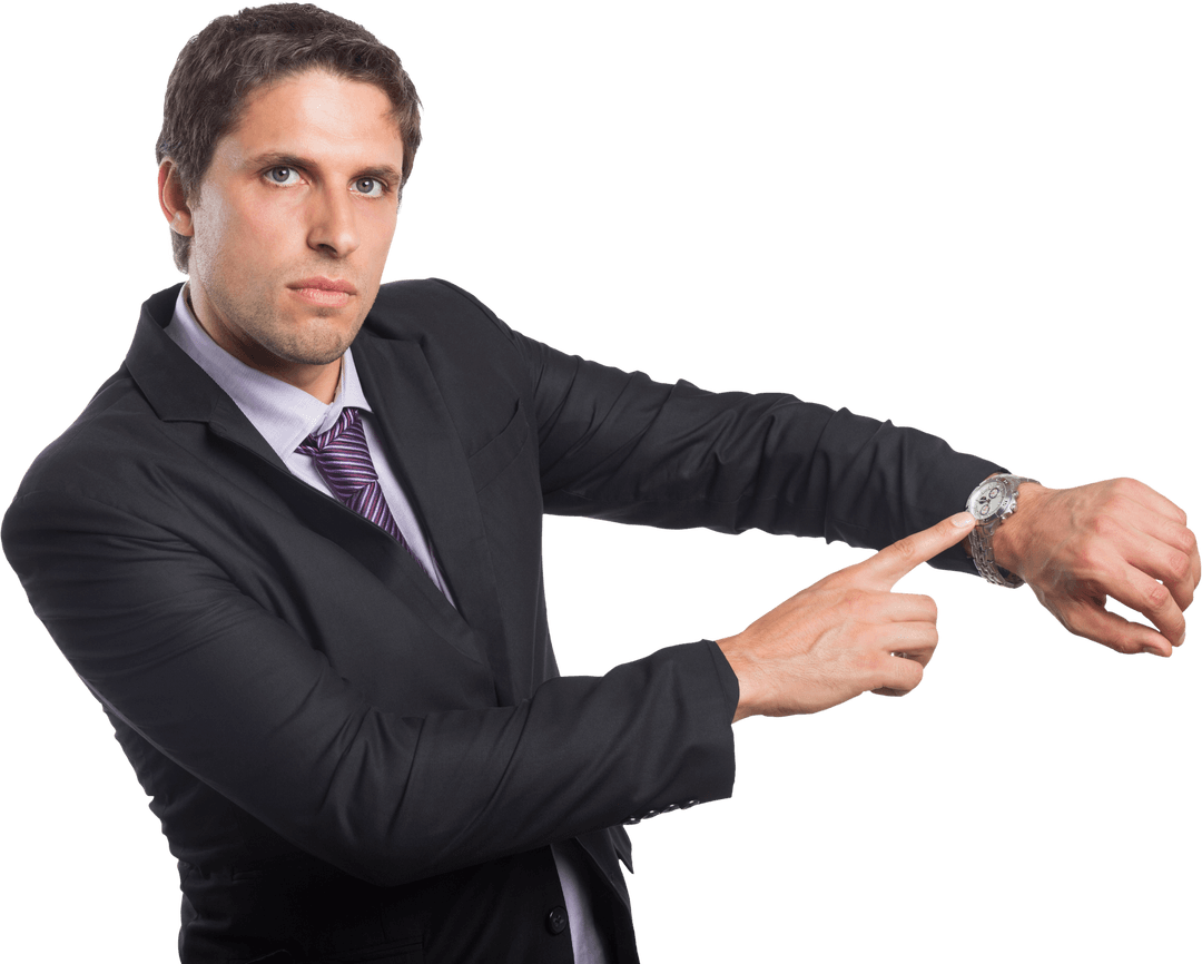 Serious Businessman Showing Wristwatch for Time Management