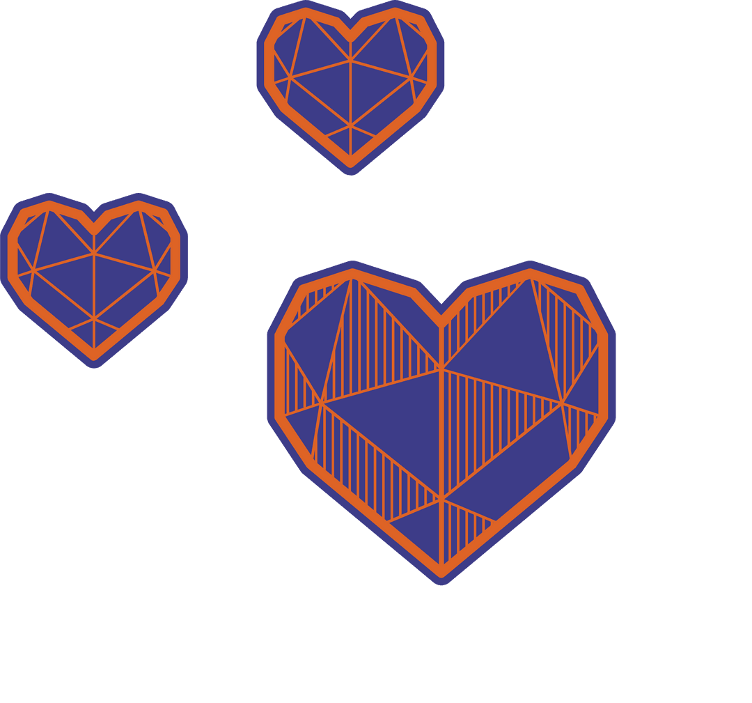 Geometric Transparent Hearts with Blue Facets and Orange Outlines