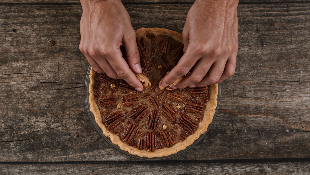 Pinching Small Piece From Rustic Pecan Pie Overhead Top View for Holiday Baking Dessert