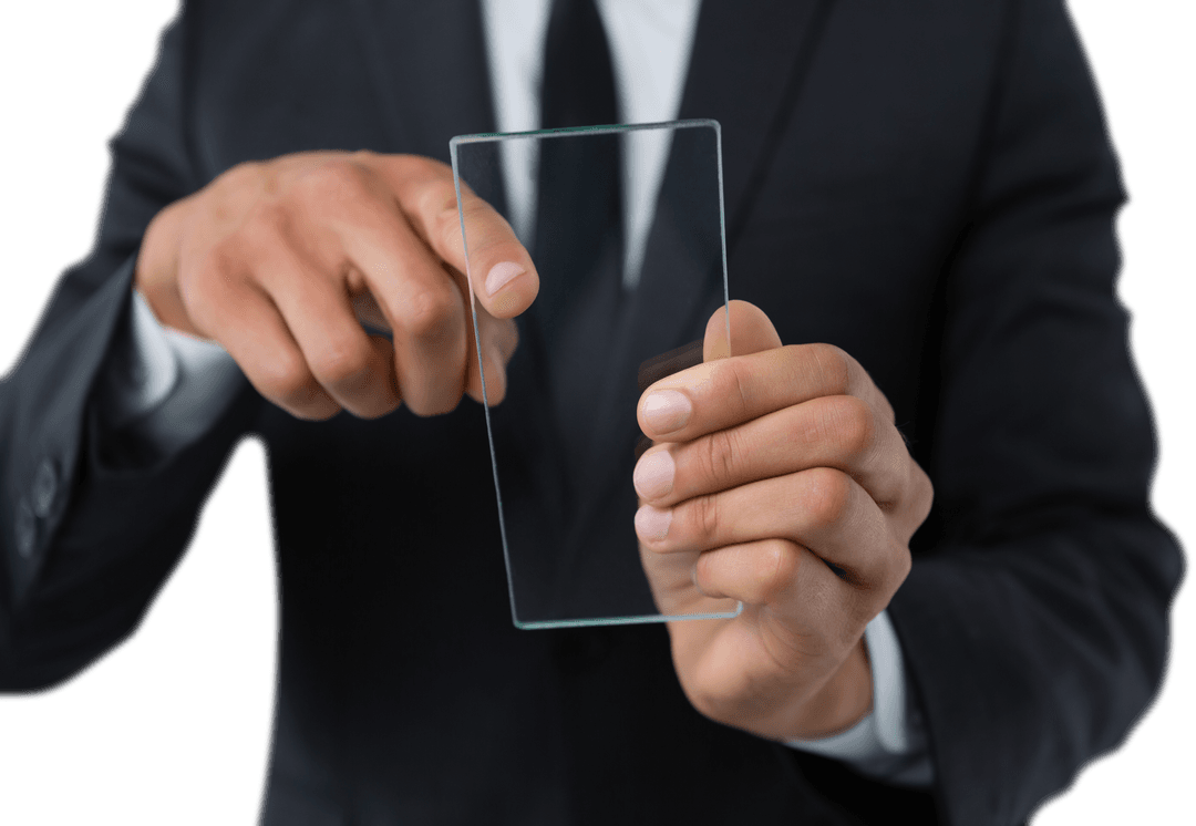 Businessman Interacting with Transparent Touch Screen Interface
