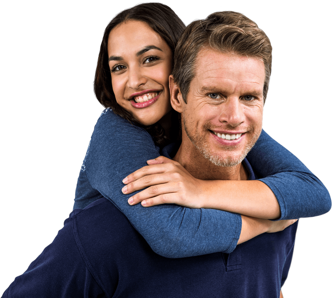 Smiling Couple with Woman on Man's Back, Transparent Background