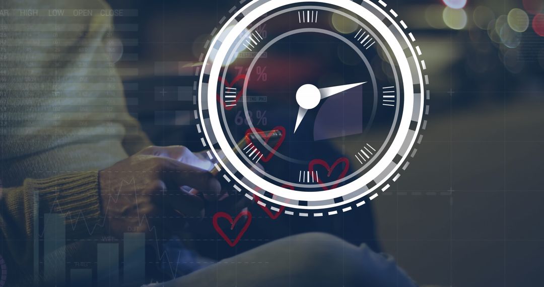 Digital clock overlay and man using smartphone concept