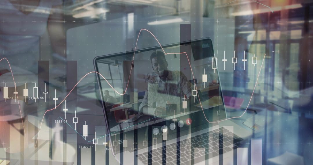 Remote Business Strategy Meeting with Data Analysis Charts Overlay