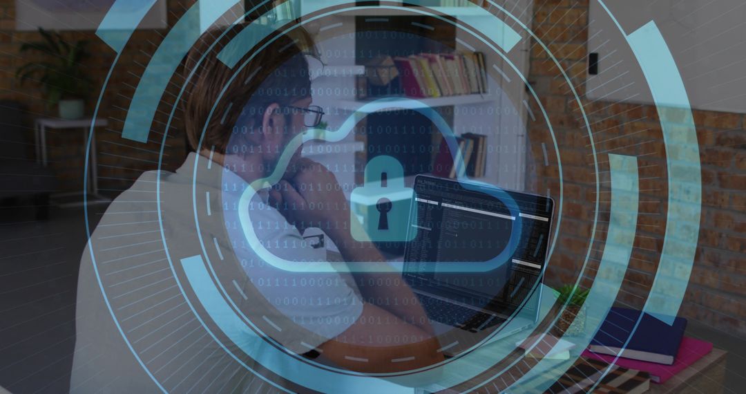 Man coding on laptop in home office with cloud lock overlay illustrating cybersecurity