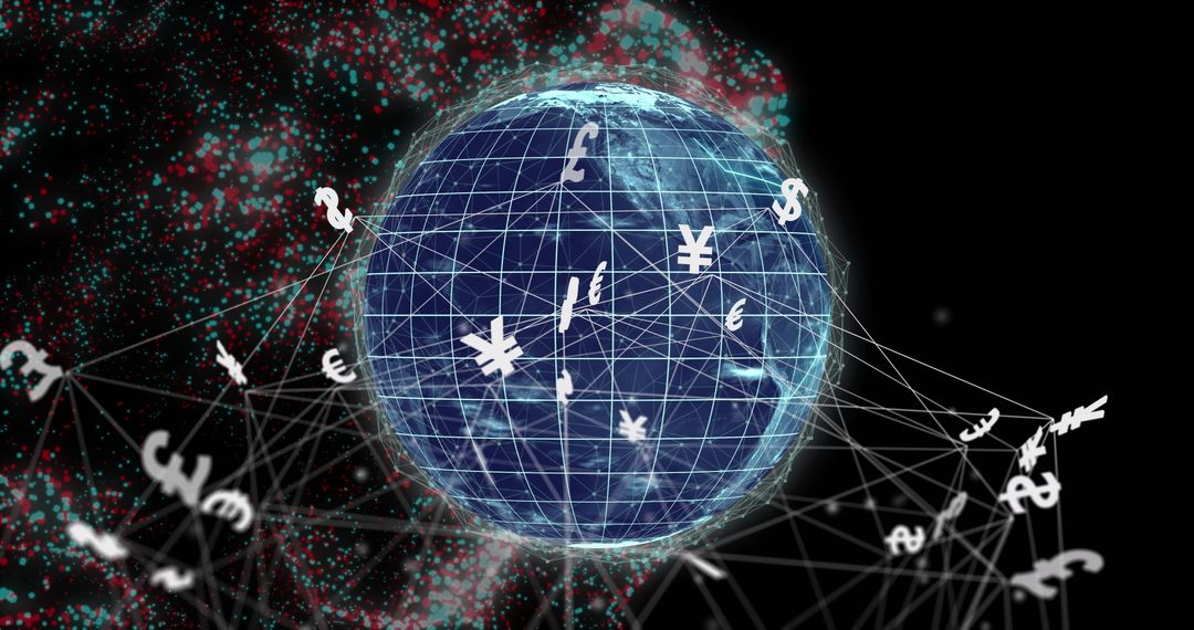 Global Currency Symbols Orbiting Digital Globe in Artistic Financial Scenery