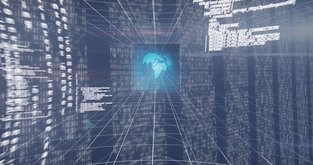 Glowing Globe Amidst Streaming Code in Digital Cyberspace