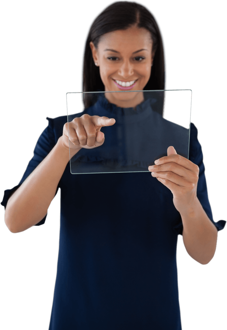 Innovative Businesswoman Using Transparent Glass Interface