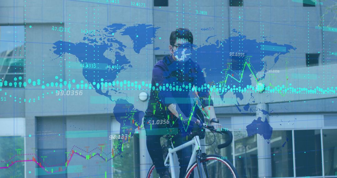 Man Cycling with Overlay of Global Financial Data - Free Images, Stock Photos and Pictures on Pikwizard.com