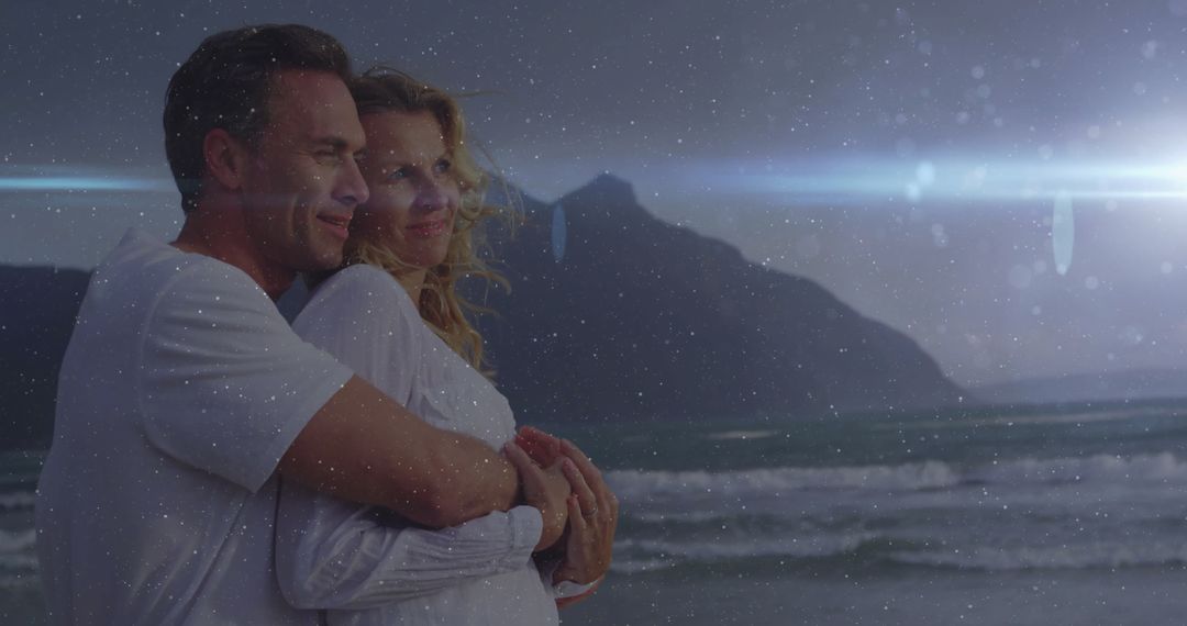 Middle-aged Couple Embracing by the Ocean at Dusk