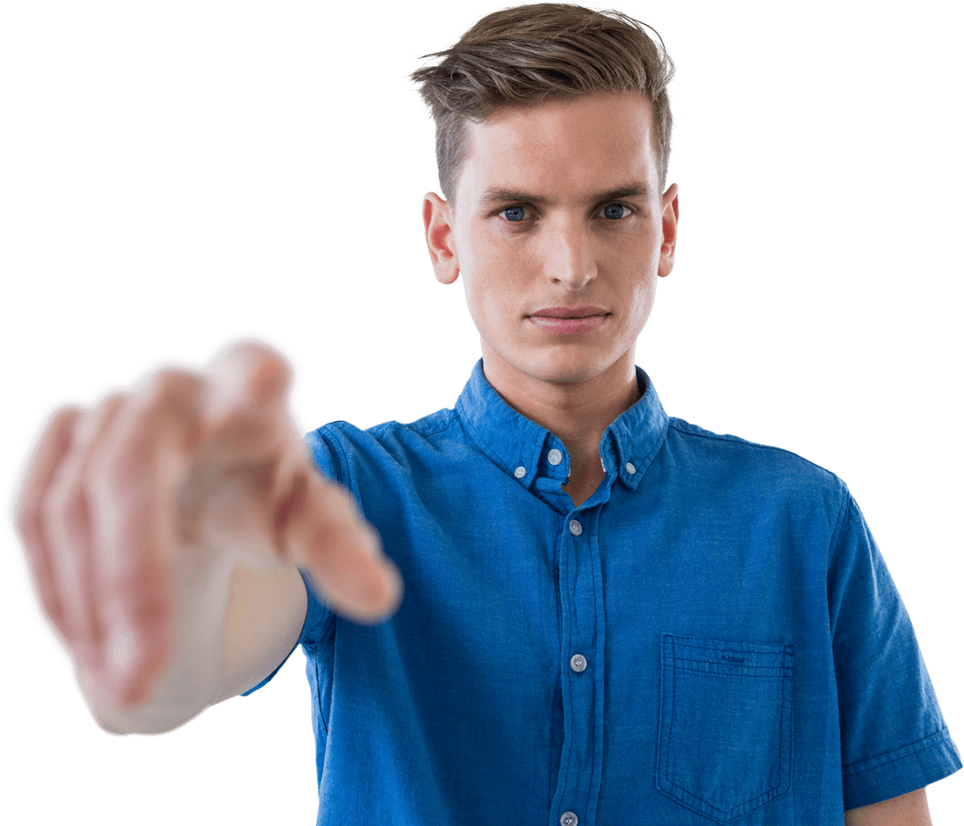 transparent screen touch gesture by young man in blue - Download Free Stock Images Pikwizard.com