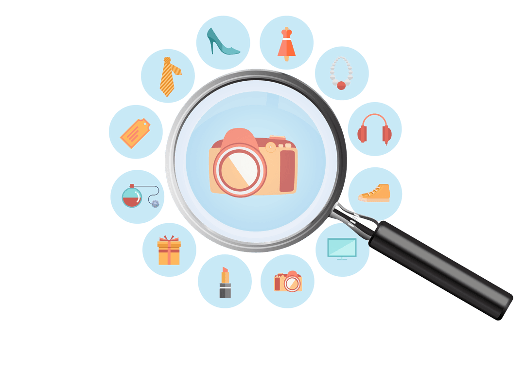 Transparent Background with Shopping Icons Under Magnifying Glass