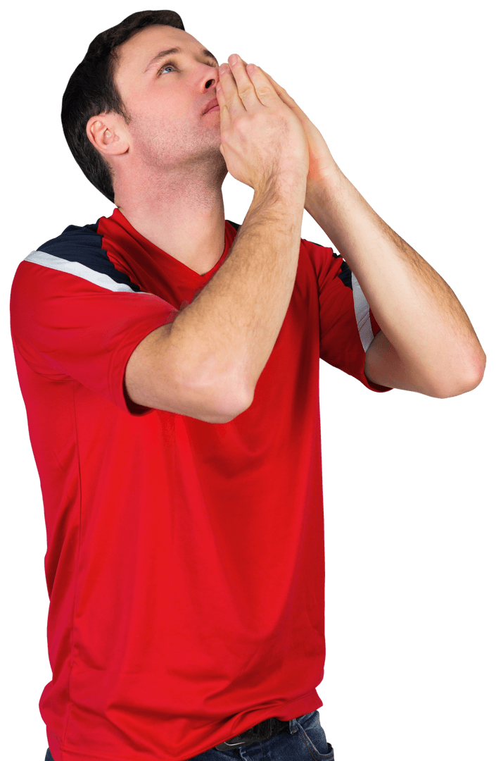 Nervous Soccer Fan Wearing Transparent Red Jersey