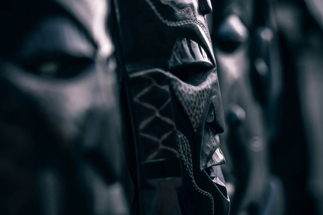 Close-Up of Tribal Masks Showing Intricate Patterns and Craftsmanship