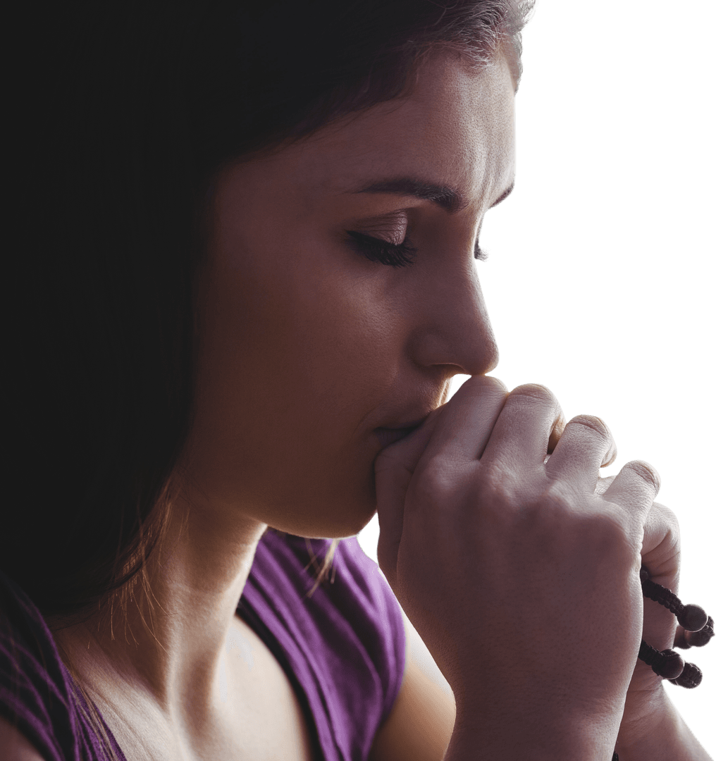 Woman Praying with Rosary Beads Close-Up on Transparent Background
