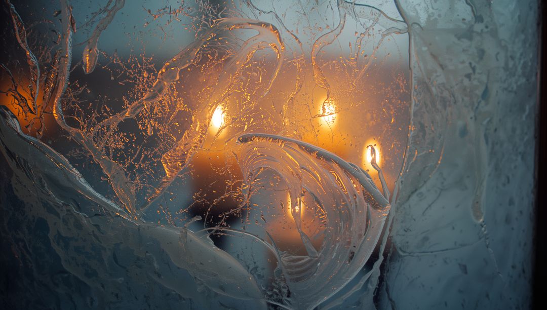 Warm Bulbs Through Frosted Foggy Window With Abstract Foam Streaks