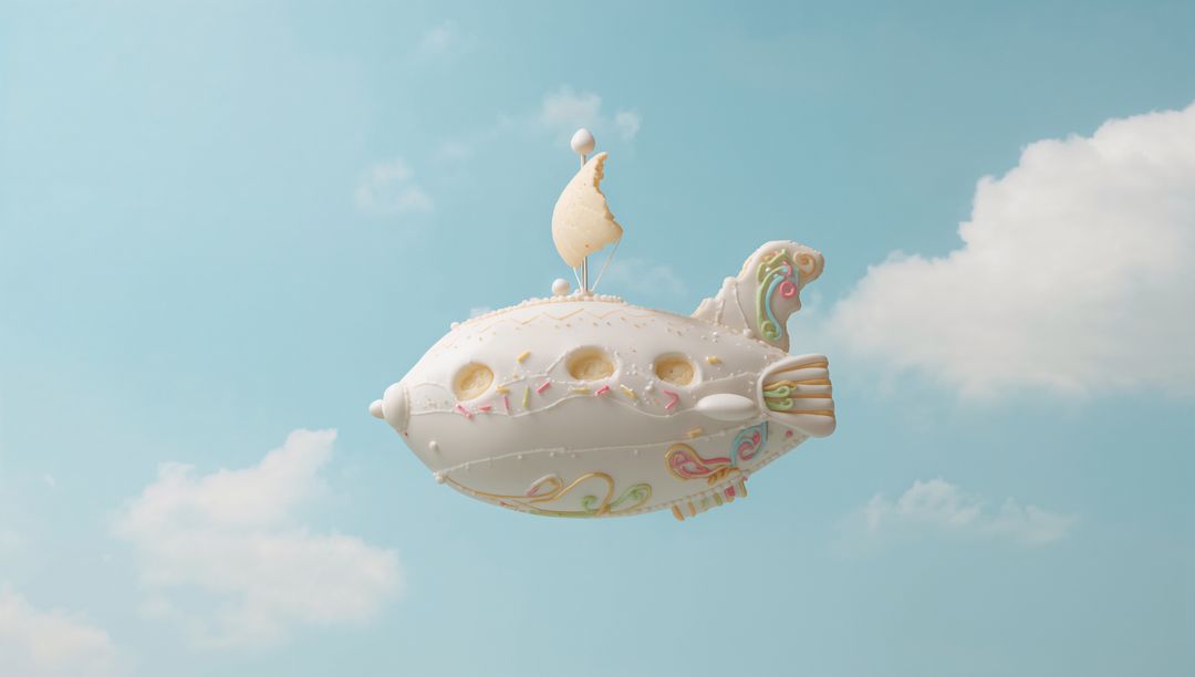 Whimsical Pastel Pastry Airship with Crescent Sail and Ornate Tailfin Floating in Blue Sky