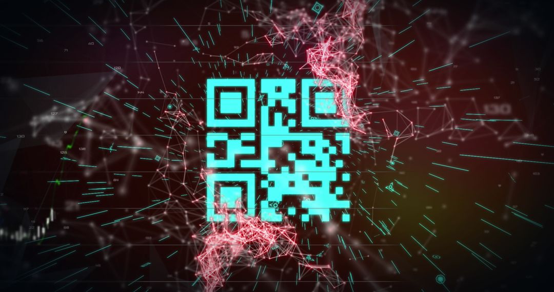 Blue QR Code with Digital Networks on Red Background