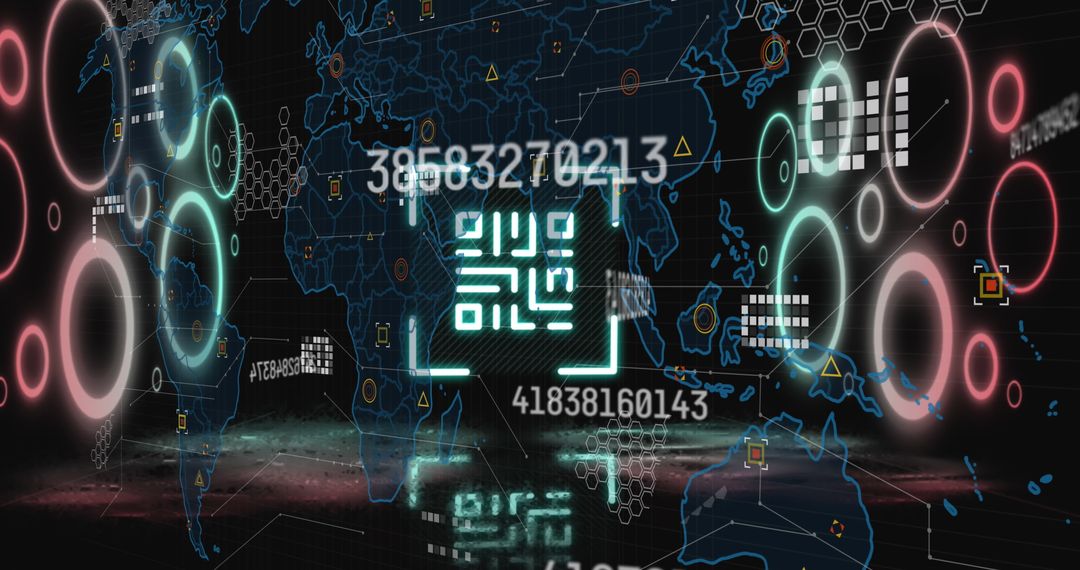 Digital QR Codes on Futuristic Global Networking Map
