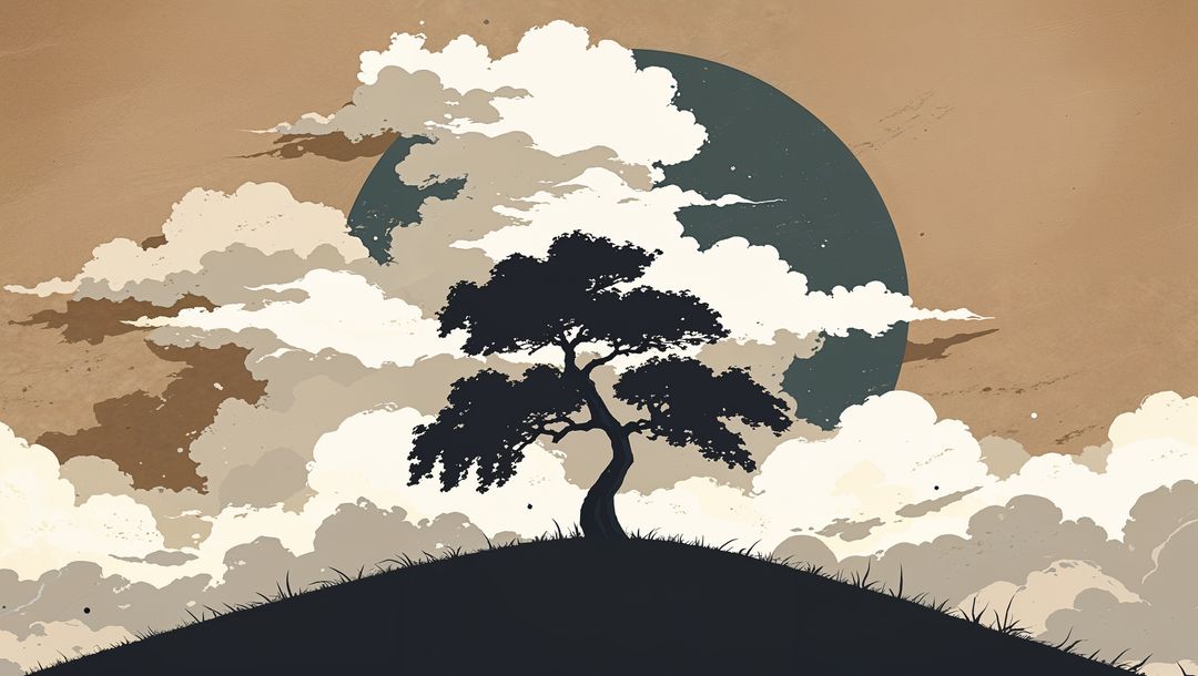 Serene anime silhouette tree on a grassy slope