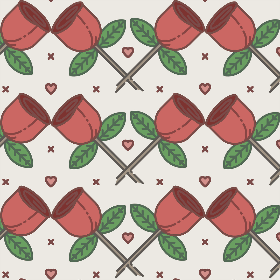 Seamlessly Patterned Floral Roses with Heart Accents on Transparent Background