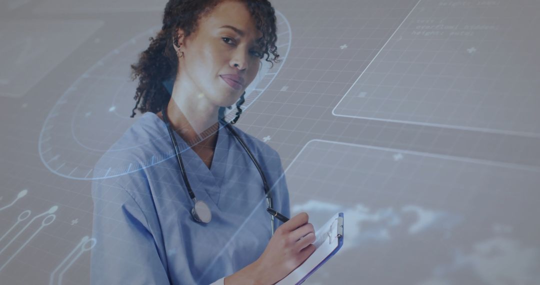 Female Nurse Analyzing Data with Futuristic Technology Interface