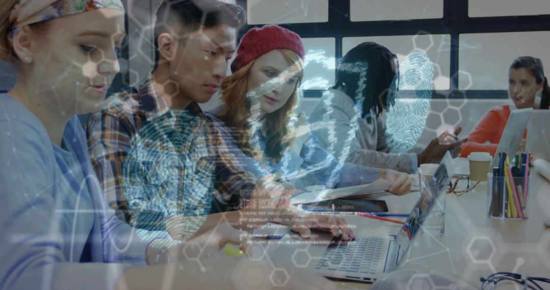 Colleagues Collaborating Under Cyber Security Interface