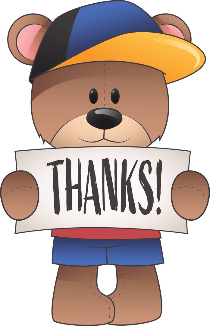 Cartoon Teddy Bear Holding Thanks Sign with Transparent Background