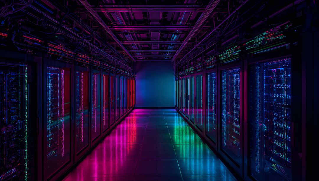 Futuristic Data Center with Glowing Server Racks