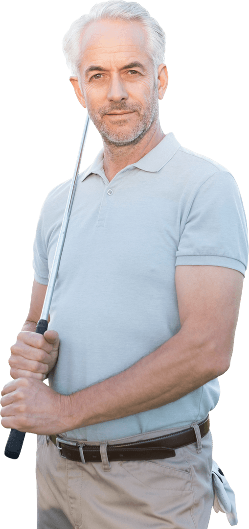 Grey Haired Man Holding Golf Club on Transparent Background