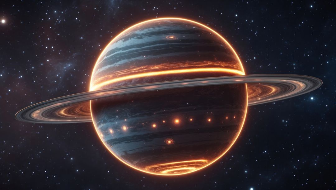 Futuristic View of a Ringed Gas Giant Planet with Glowing Orange Bands