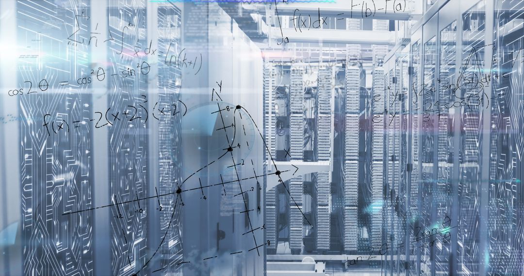 Futuristic Data Center with Mathematical Overlay and Circuit Patterns