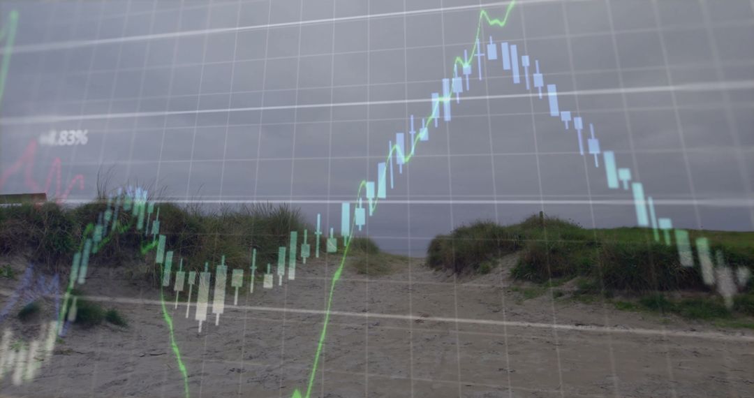 Candlestick Chart Overlaying Coastal Pathway: Investment Conceptual Blend