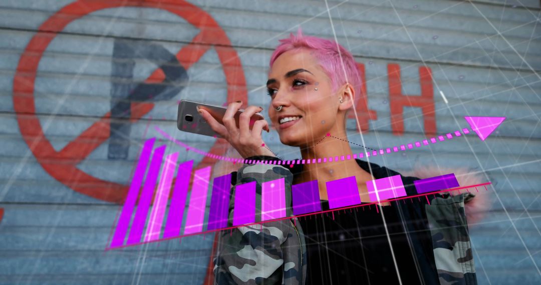 Businesswoman Using Cellphone with Overlay of Falling Graphs