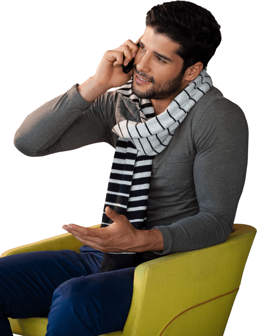 Man in Gray Shirt Making Call with Black and White Scarf Talking
