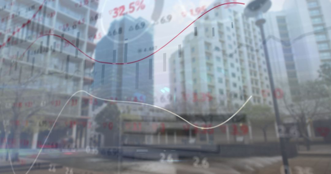 Financial Data Overlays on Skyscrapers Symbolizing Global Business