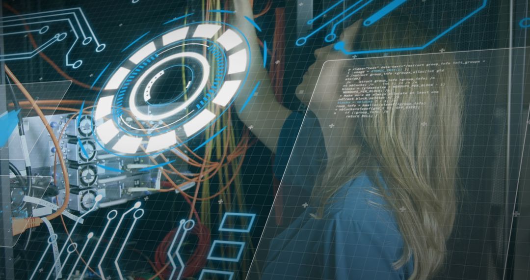 Engineer Managing Network Cables with Digital Interface Overlay