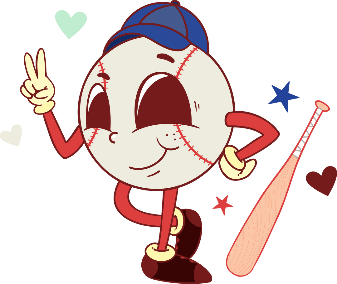 Playful Baseball Character Flashing Peace Sign on Transparent Background