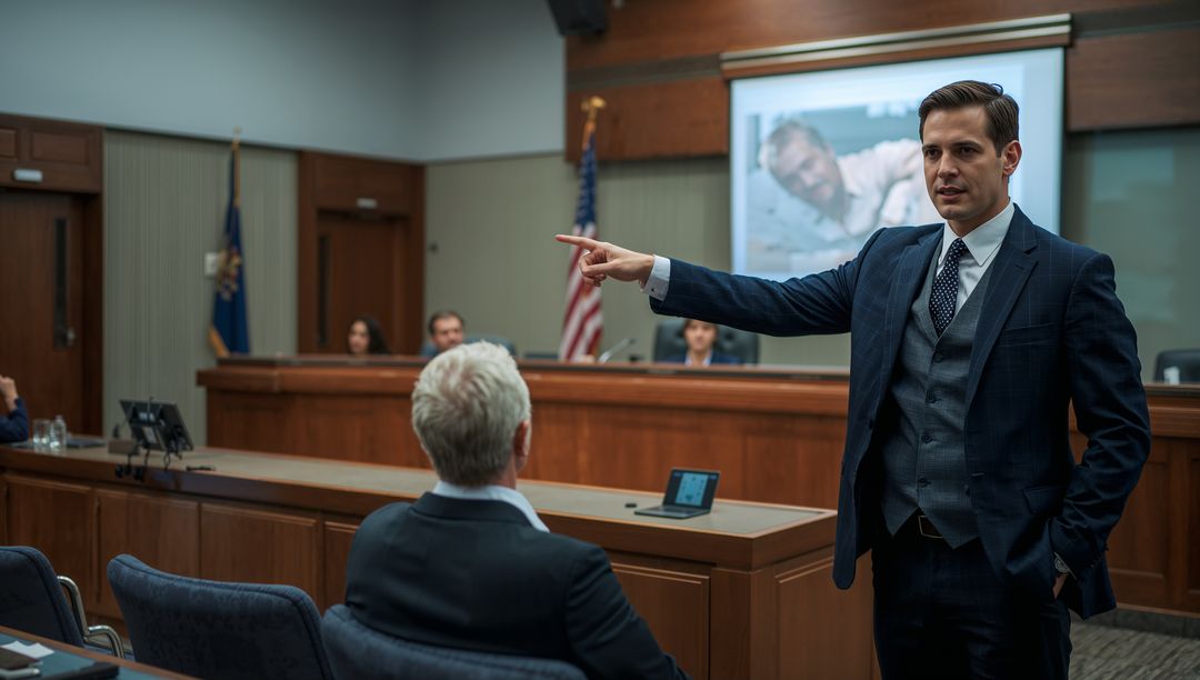 Confident Attorney Pointing and Arguing in Courtroom During Trial Facing Witness and Jury
