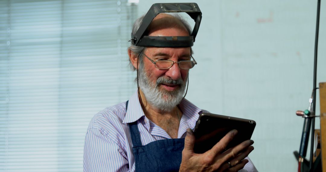 Senior Craftsman Smiling at Tablet in Workshop Setting - Free Images, Stock Photos and Pictures on Pikwizard.com