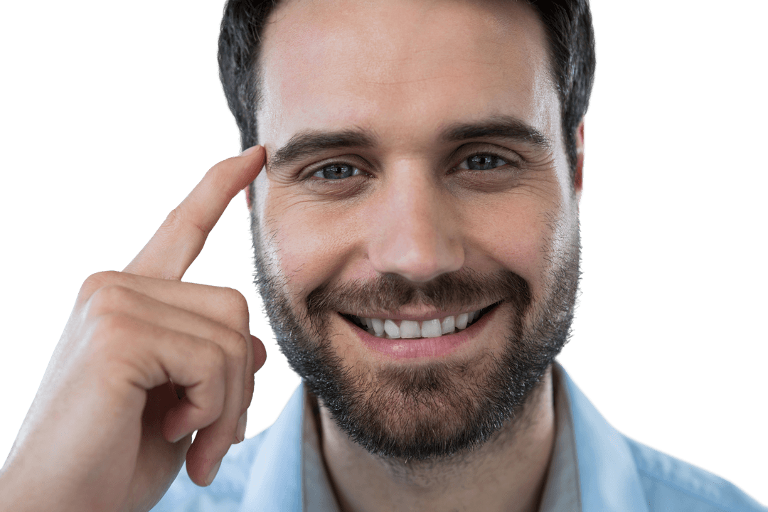 Transparent Portrait of Smiling Man Fondly Gesturing towards Head