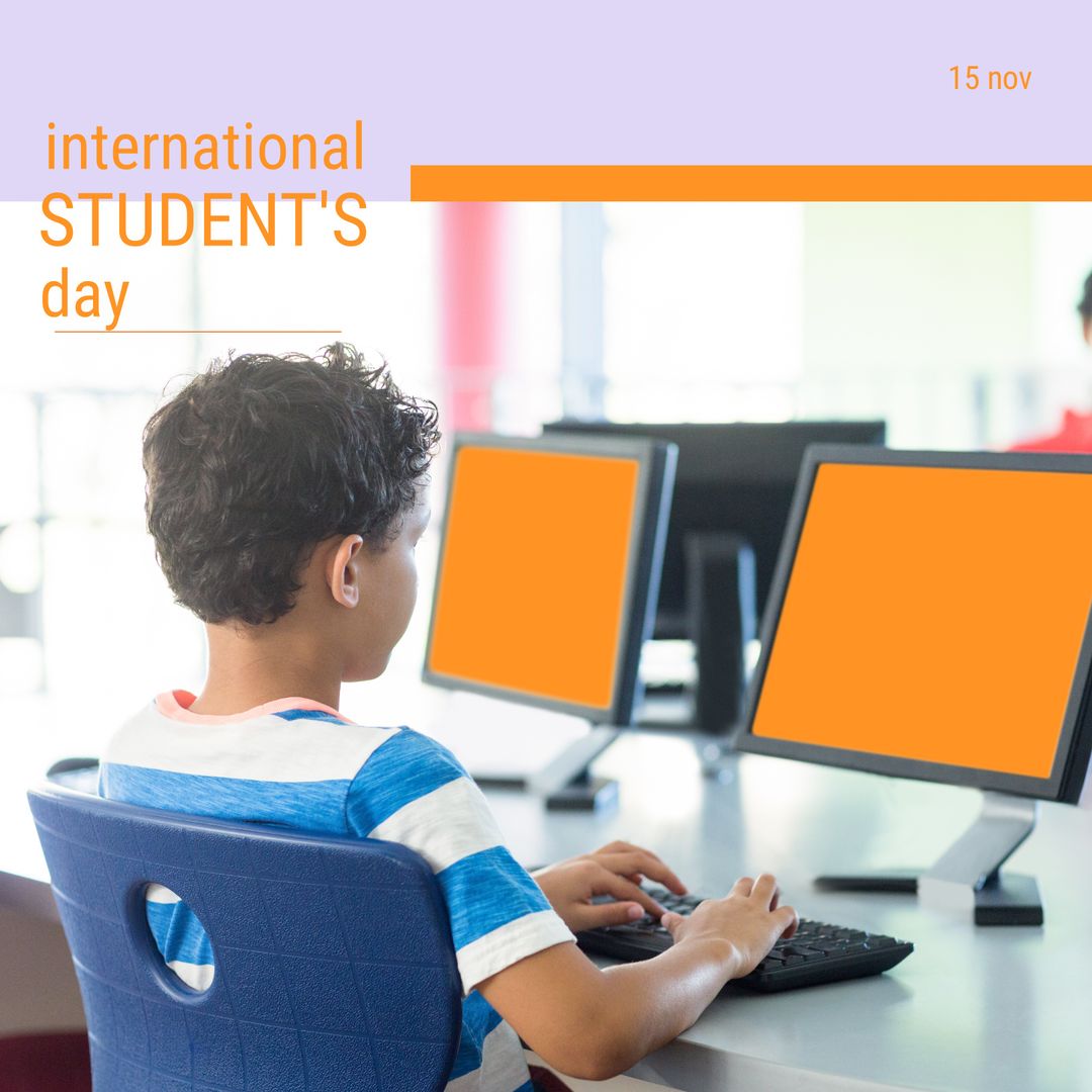 International Student's Day Celebration with Schoolboy on Computer - Download Free Stock Images Pikwizard.com