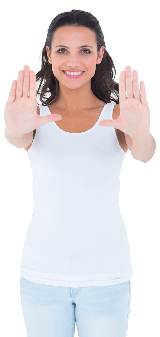 Pretty Brunette Woman in White Top Presenting with Hands on Transparent Background