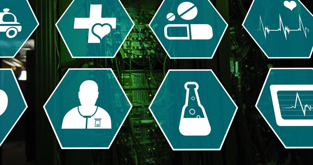 Digital Healthcare Icons Overlaid on Computer Servers
