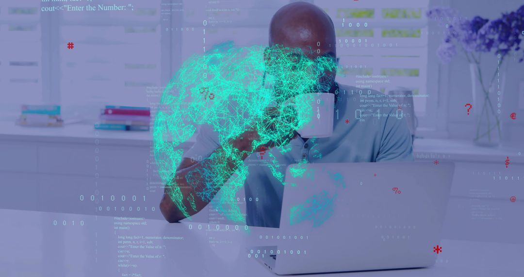 Remote Professional Sipping Coffee While Working on Laptop with Holographic Data Visualization