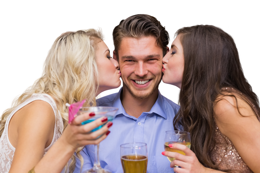 Happy Man Being Kissed By Two Women at Celebratory Party on Transparent Background - Download Free Stock Images Pikwizard.com