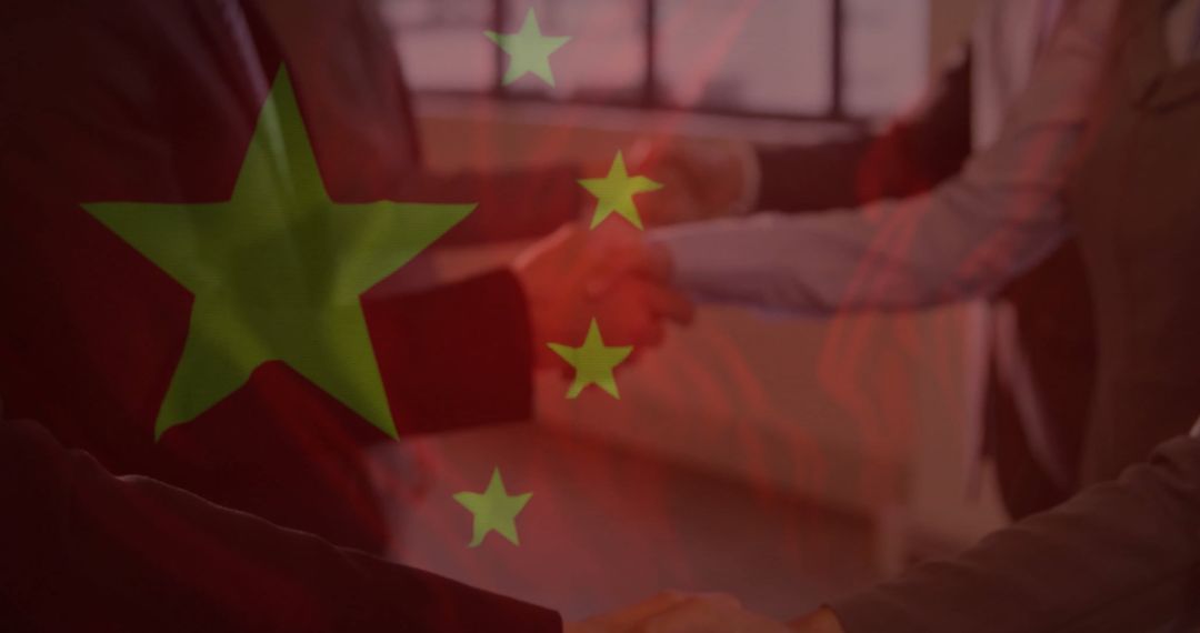 Business Handshake Overlay with Chinese Flag Symbolism
