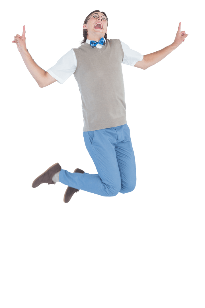 Transparent Angry Hipster Leaping Joyfully in Air