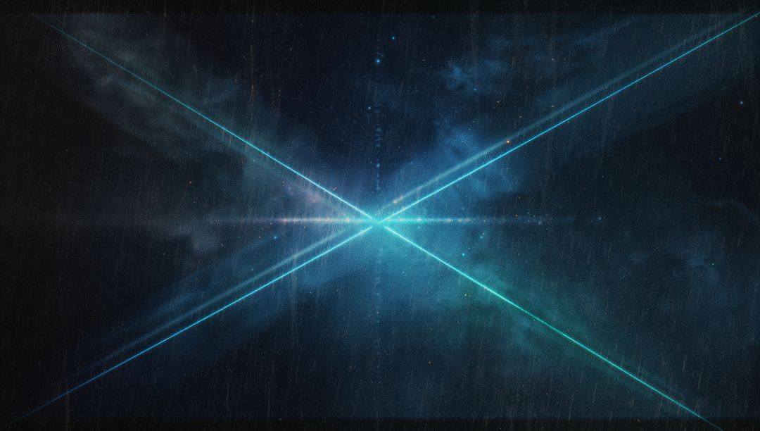 Intersecting Teal Beams in Space Nebula with Starfield