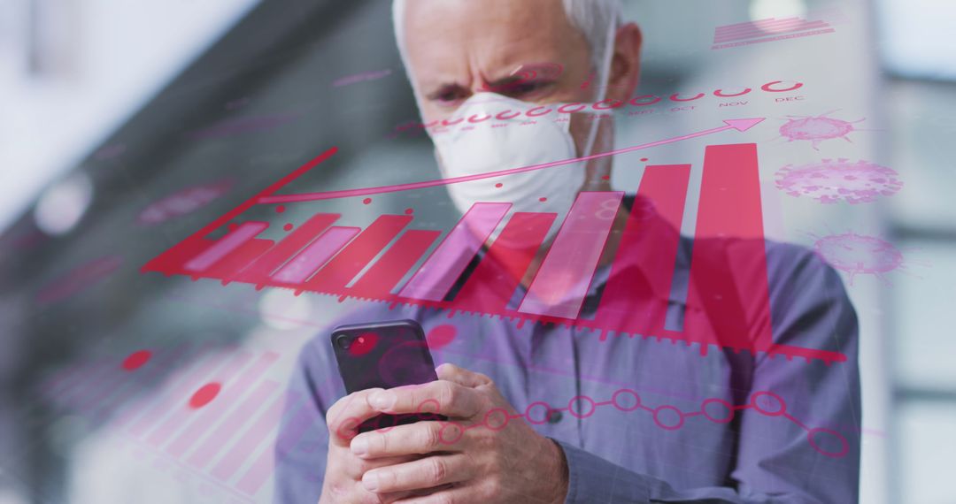 Senior Man in Face Mask Amidst Data Visualization