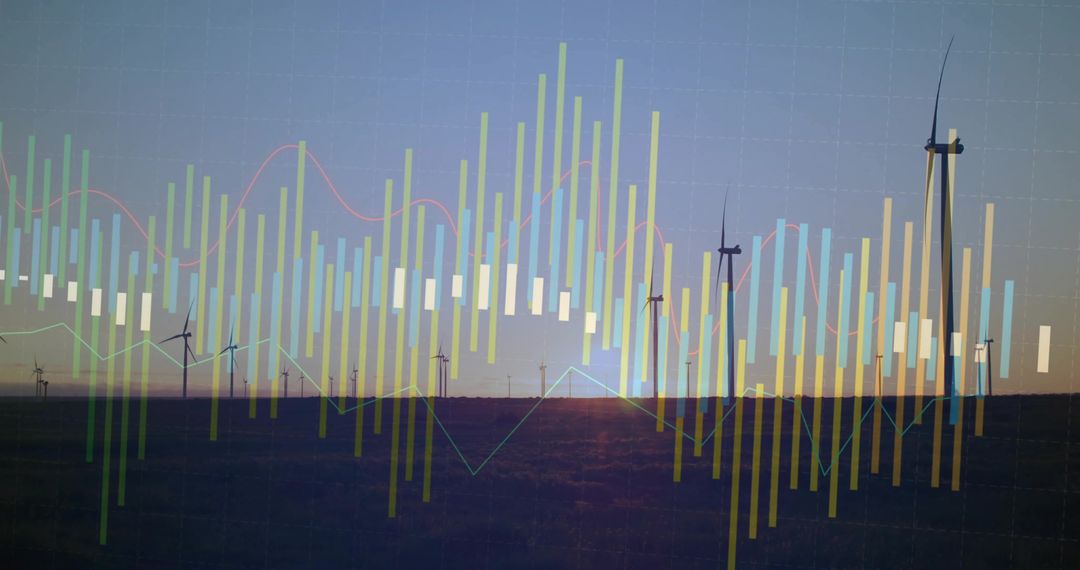 Visualizing wind farm performance with data overlay at sunset renewable energy analytics
